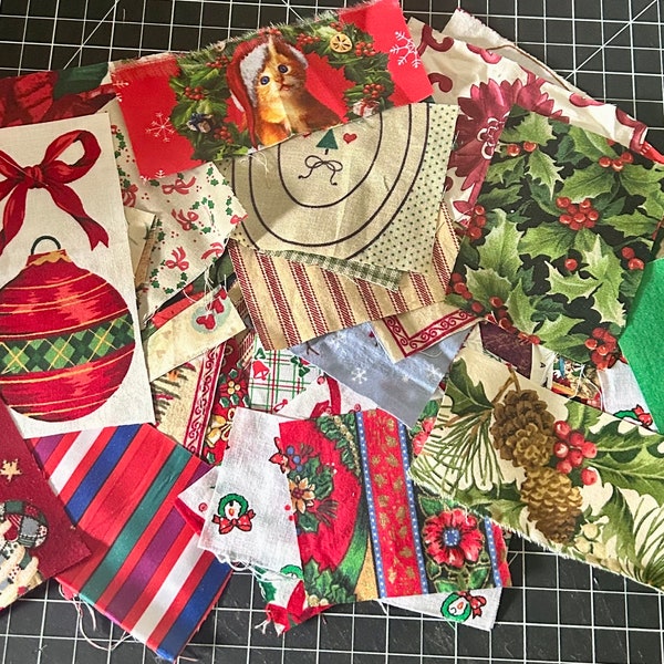 50+ pieces Christmas bundle scraps pieces Fabric lot craft supply scrapbooking journals mixed media smash book