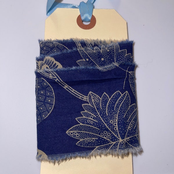 1 1/2 yards Tan florals flowers on blue farmhouse cotton quilt fabric ribbon hand frayed scrapbooking handmade junk journal trim
