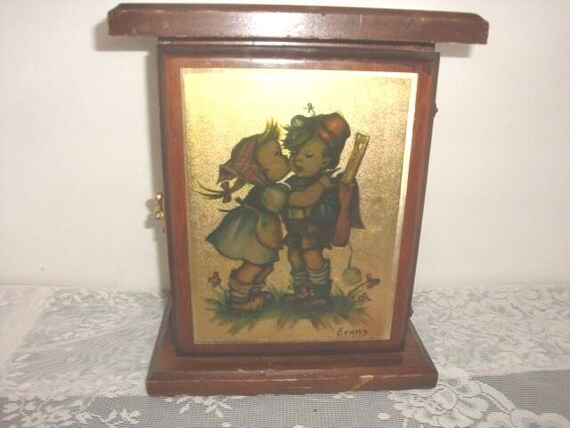 Vintage Hummel Print Oak Jewelry Box, Rustic Stor… - image 1