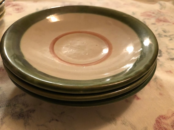 Vintage Handpainted Green Trim 3 Bread Plates Sauce Plate Stoneware Vintage Cottage Decor