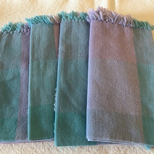 vintage plaid fringe purple pink  4 cloth fabric napkins set dining room kitchen linens Farmhouse country