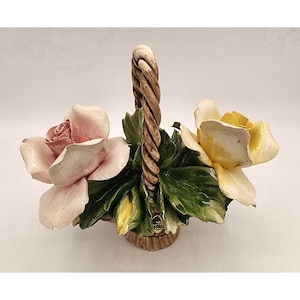 Large Vtg Nuova Capodimonte Fili Savastano Porcelain Roses In A Basket Italy