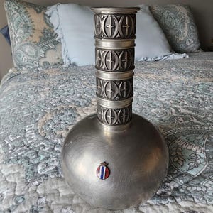 Vintage HAUGRUD Norway Pewter Vase With Intricate Nordic Design