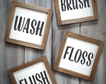 Wash, Brush, Flush Floss, Bathroom Decor, Cute Bathroom Sign, Signs, Farmhouse Decor, Bathroom wall art, Kids Bathroom Sign