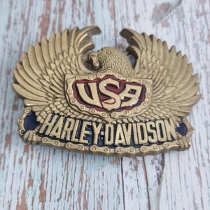 1983-SOLID BRASS HARLEY DAVIDSON SMALL DRESS BUCKLE GOLD/NICKLE TWO TONE 