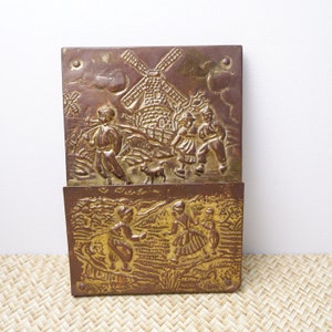 Antigo cobre bronze parede carta correio bolso cabide moinhos de vento fazenda holandesa em relevo repousse metal vintage