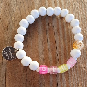 Handmade Bohostyle Bracelet &quot;GIRL&quot;, white / pastel