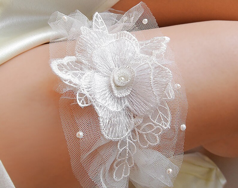 Ivory Garter Ivory Bridal Garter Tulle Wedding Garter for bride Ivory flower tulle garter flower garters Wedding garter set ivory garter set