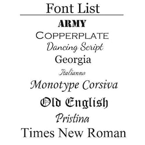 Puede incluir: Una lista de fuentes en texto negro sobre fondo blanco. Las fuentes son: Army, Copperplate, Dancing Script, Georgia, Italianno, Monotype Corsiva, Old English, Pristina y Times New Roman.