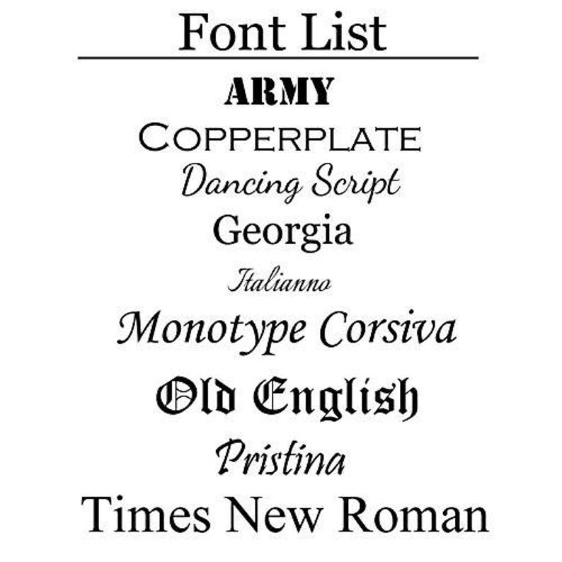 Puede incluir: Una lista de fuentes en texto negro sobre fondo blanco. Las fuentes son: Army, Copperplate, Dancing Script, Georgia, Italianno, Monotype Corsiva, Old English, Pristina y Times New Roman.