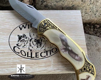 Cuchillo con monograma, cuchillos personalizados, cuchillo de colección, cuchillo personalizado, cuchillos grabados, cuchillo WILD LIFE COLLECTION con caja de colección de madera