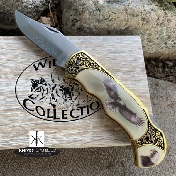 Monogram Knife, Custom Knives, Collector Knife, Personalized Knife, Engraved Knives, WILD LIFE COLLECTION Knife w/ Wooden Collection Box