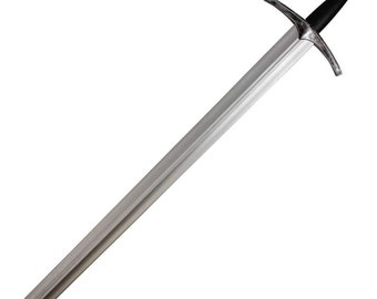 May include: A silver-coloured sword with a black handle and a round pommel. The sword has a double-edged blade and a crossguard.