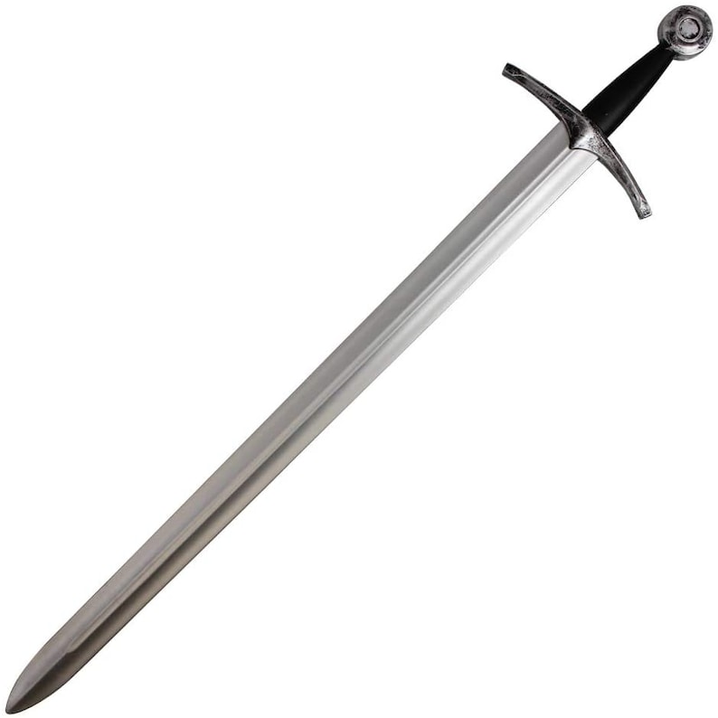 May include: A silver-colored sword with a black handle and a round pommel. The sword has a double-edged blade and a crossguard.