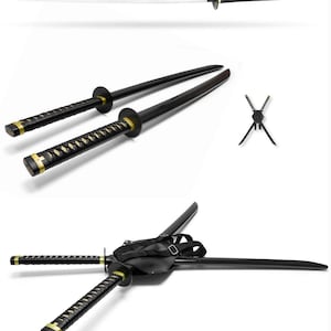 May include: Two black katana swords with gold accents on the handles. The swords are displayed in a crossed position with a black leather scabbard.