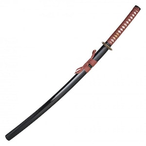 May include: A katana sword featuring a glossy black scabbard with a brown cord wrap. The handle is wrapped in a matching brown cord over a white base, featuring a circular metal hand guard. The overall design is sleek and functional in appearance.