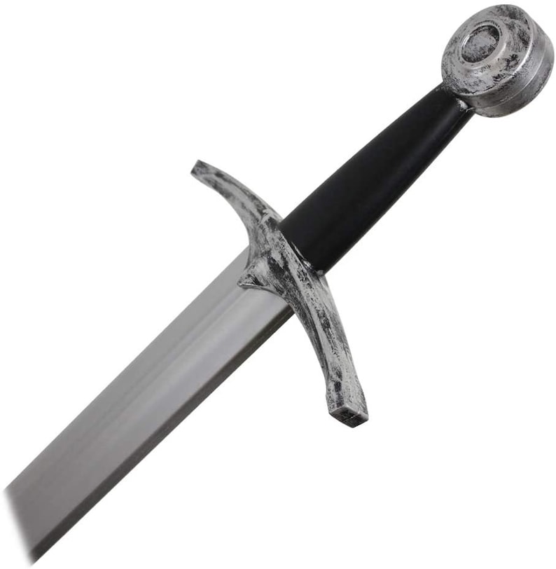 May include: A silver and black sword with a rounded pommel and a cross guard. The blade is straight and double-edged.