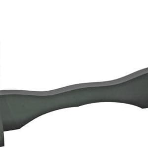 May include: A black wooden sword stand with two slots for holding swords. The stand is curved in the middle and has a flat base.