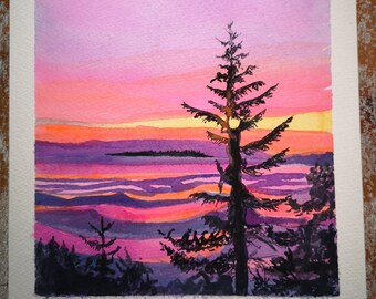 Original watercolor of a beautiful sunset in Parksville. Watercolor from Canada. Sunset watercolor. Watercolor for framing.