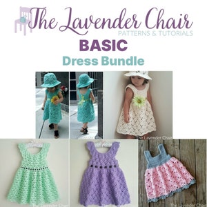 May include: A crochet dress bundle featuring four different crochet dress patterns. The dresses are in various colors, including green, purple, and pink. The dresses are all sleeveless and have a simple, elegant design. The text "The Lavender Chair" is visible on the image.