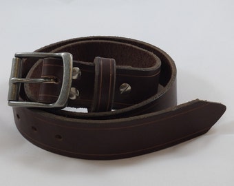 Brown Belt with removable Rectangular buckle, 1.5" wide Latigo leather in your choice of 3 buckle finishes and 3 hardware finishes.