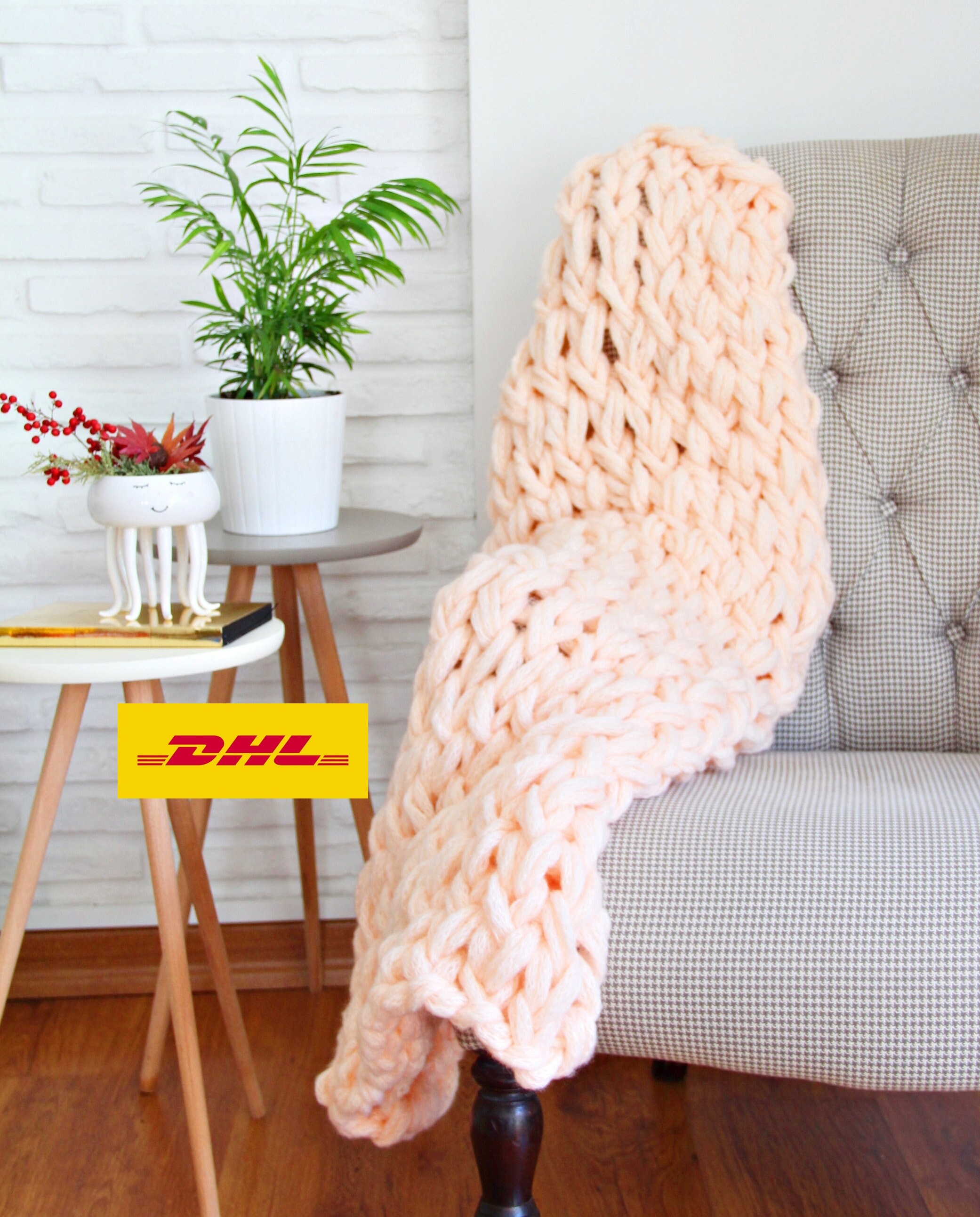 Couverture en Tricot Chunky, Chunky Knit Throw, Couverture de Tour - Main | Rose Saumon