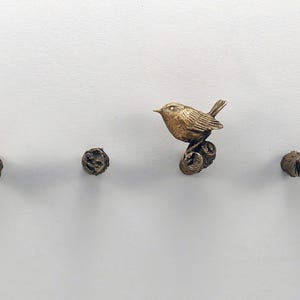 May include: A collection of bronze-colored wall hooks. One hook is a detailed bird perched on a branch. The other three hooks have organic, textured shapes. The hooks are mounted on a white wall.