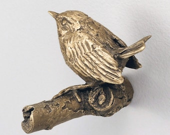 Bronze Wren Bird Wall Hook: Handcrafted Metal Art Decor