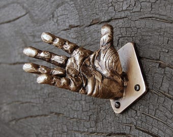 Solid Bronze Hand Coat Hook: Unique Wall Hanger (10-12cm) No.5