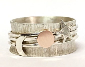 Statement Ring Silver, Wide Band Spinner Ring Silver, Wide Ring Band Women, Spinning Ring Moon And Stars, Boho Celestial Jewelry Ring Women