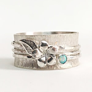 Floral Ring Silver, Statement Ring For Women, Wide Ring With Stone, Wide Band Silver Ring, Opal Ring Sterling Silver 925, Flower Ring Women