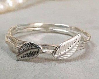 Stacking Ring Set Silver, Stackable Rings For Women, Leaf Ring Sterling Silver, Rings Stackable Bands, Thin Ring Band, Leaf Rings Silver
