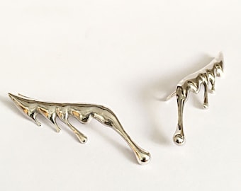 Ear Climber Earrings Sterling Silver, Long Ear Climber Gold, Melted Earrings, Ear Crawler Earrings Pierced, Bar Earrings, Tear Earrings 14K