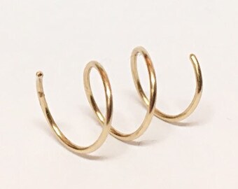 Triple Hoop Earrings Gold Ear Threader Earrings, Triple Piercing Hoop, Spiral Earrings Threader, Cartilage Earring, Triple Helix Piercing