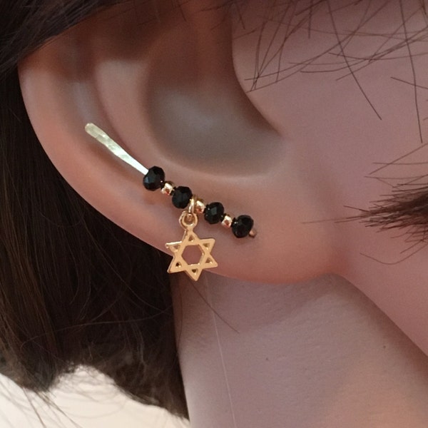 Ear Climber Earrings Black, Star Of David Earrings Climbers Gold Ear Crawler Earrings Gold Judaica Jewelry, Ear Pin Earrings, Judaica Gifts