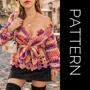 Patrón de cárdigan de crochet: Suéter grueso extragrande con volantes (Patrón PDF)