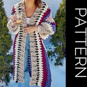 May include: A long, open-front crochet cardigan in a chunky knit design. The color scheme includes cream, black, burgundy, and blue stripes. The word "PATTERN" is vertically displayed in white text on a black background.