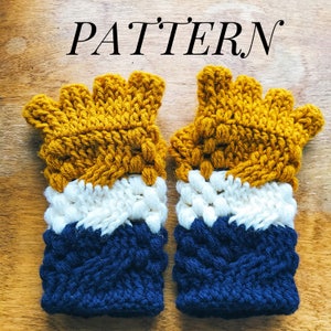 May include: A pair of fingerless gloves with a yellow, white and blue striped pattern. The gloves are crocheted and have a textured design.