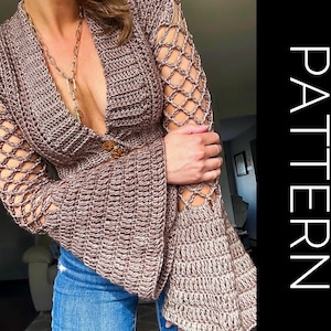 May include: A brown crochet top with a deep V-neckline and bell sleeves. The sleeves feature a crocheted mesh pattern. The top has a button closure at the neckline. The word "PATTERN" is written in white text on a black background.
