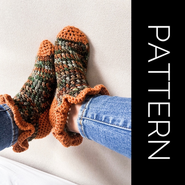 Patrón de calcetín de crochet, calcetines con volantes, calcetines de crochet acogedores, calcetines de invierno