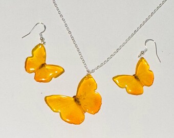 Translucent Resin Butterfly Jewelry Set: Orange Sulphur Earrings & Pendant