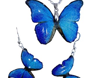Blue Morpho Butterfly Jewelry Set – Recycled Tin Can Pendant & Earrings