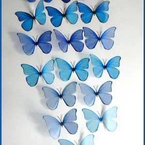 Magnifiques papillons bleus 3D, lot de 18, 7 cm de large. Embellissements, fabrication de cartes, embellissements, idées de papier peint, décoration 3D