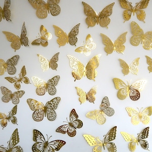 Autocollants papillons dorés 3D.12 papillons.Stickers muraux amovibles.Décorations de gâteaux, toppers de gâteaux, fêtes, anniversaires, toppers de gâteaux, fabrication de cartes