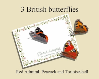 Set of 3 British Butterflies – Peacock, Red Admiral &amp; Tortoiseshell - Ideal gift