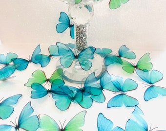 3D Green and Turquoise Butterflies, Wedding Cake Decoration, Set of 18