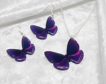 Purple Butterfly Resin Pendant and Earrings, Silver Plated, Boho Jewelry