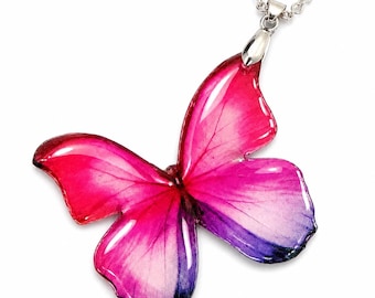 Pink butterfly pendant. Pink butterfly Resin translucent butterfly necklace.Unique.Daughter, friend, gift