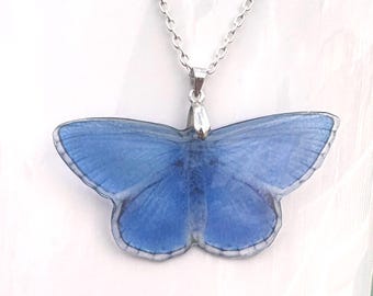 Translucent Blue Butterfly Resin Pendant, Silver Plated Chain
