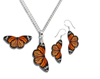 Recycled Tin Can Monarch Butterfly Jewelry Set, Handmade Earrings, Pendant, Pin